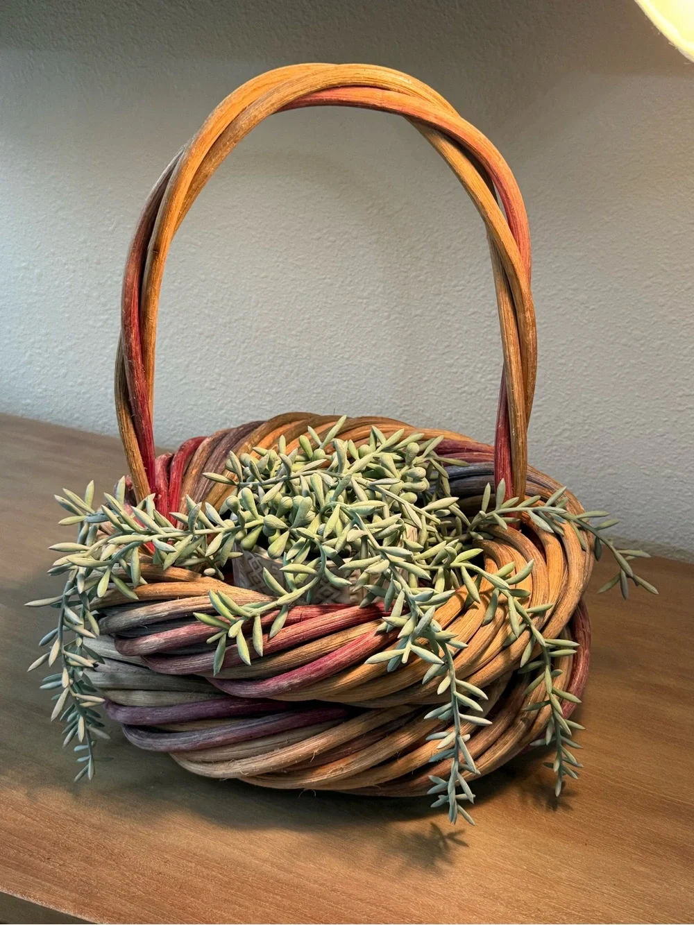 Woven Decorative Basket with Handle in Pink and Natural Tones